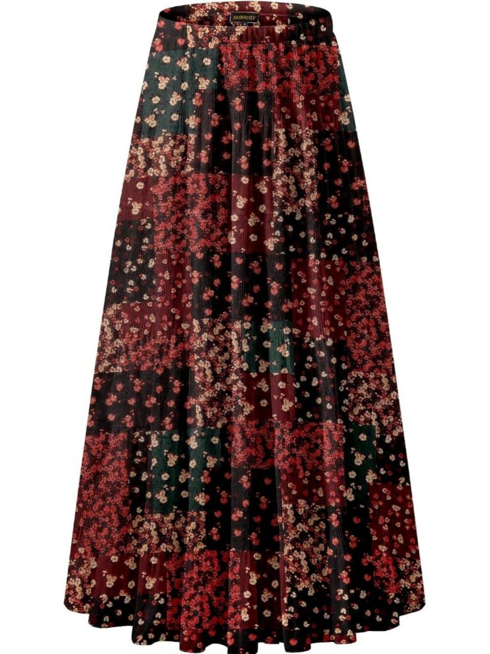 Women Tiered Red Patchwork Chiffon Elastic High Waist Pleated A-Line Long Skirt